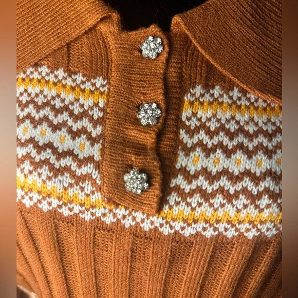 CIDER Retro Button Up Cropped Geometric Polo Knit Top Women’s Size Large - Picture 6 of 12